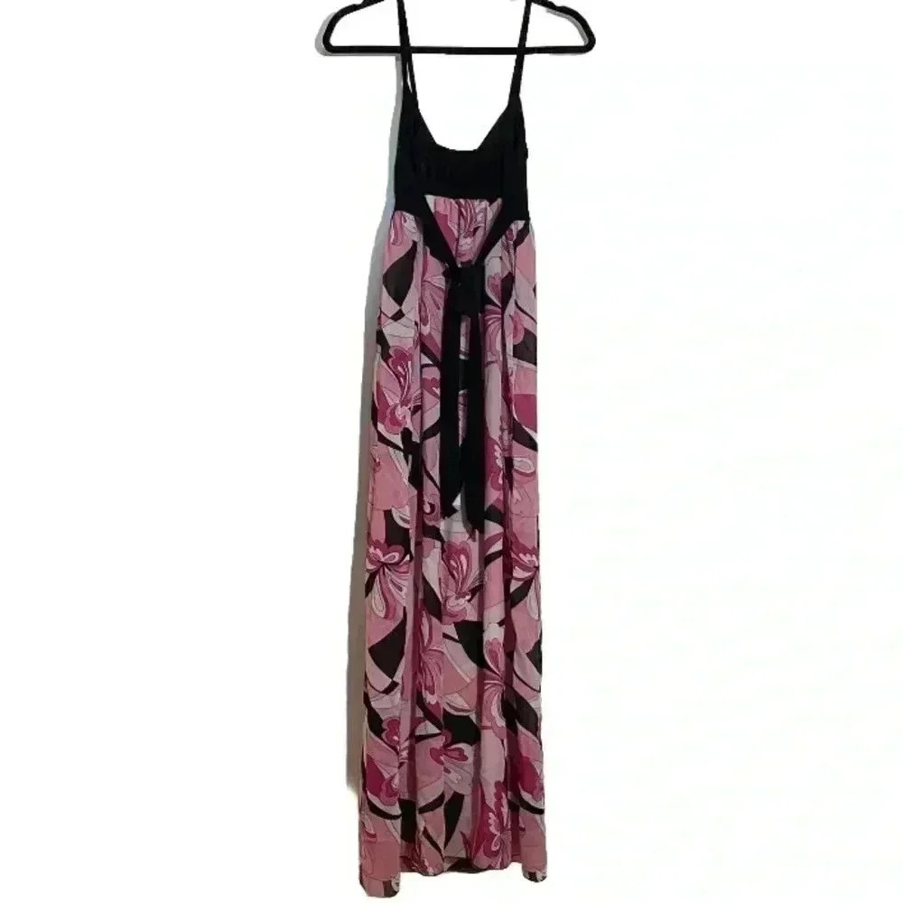 🎈La belle women pink and black babydoll psychedelic  floral bohemian maxi dress